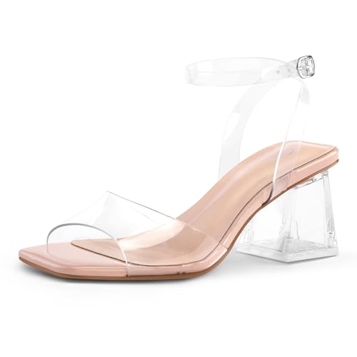 Women's Clear Heels Low Chunky Heel Open Toe Transparent Zebra Rhinestones Block Heeled Sandals Ankle Strap Shoes