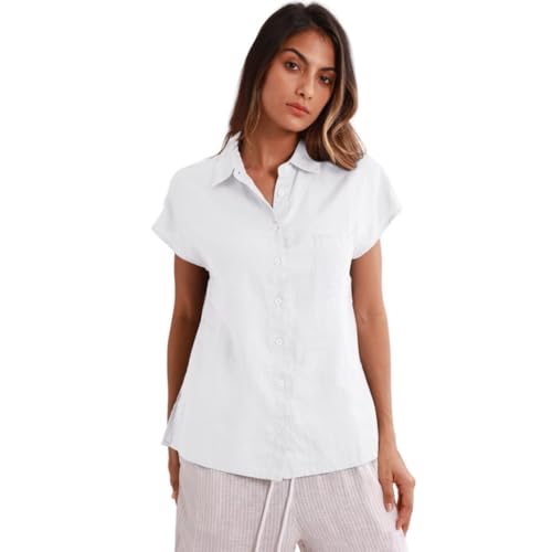 Womens 100% Linen Summer Short Sleeve Button Down Shirts Collar Blouses