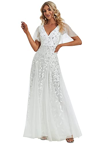 Women's Sequin Sparkly V-Neck Short Sleeve A-Line Floor Length Evening Dress 00734
