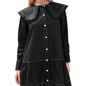 Women Shirt Mini Dress Button Down Ruffle Dress Long Sleeves Shift Dresses Peter Pan Collar Dresses