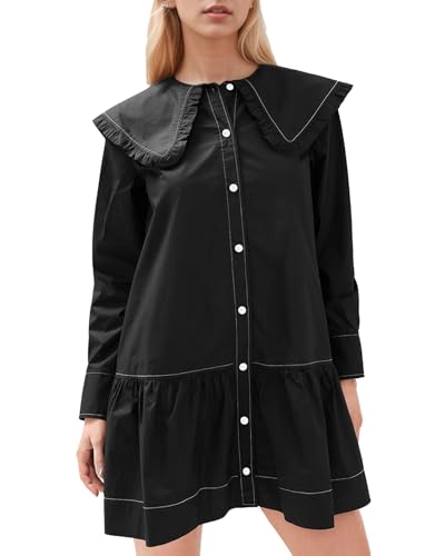 Women Shirt Mini Dress Button Down Ruffle Dress Long Sleeves Shift Dresses Peter Pan Collar Dresses