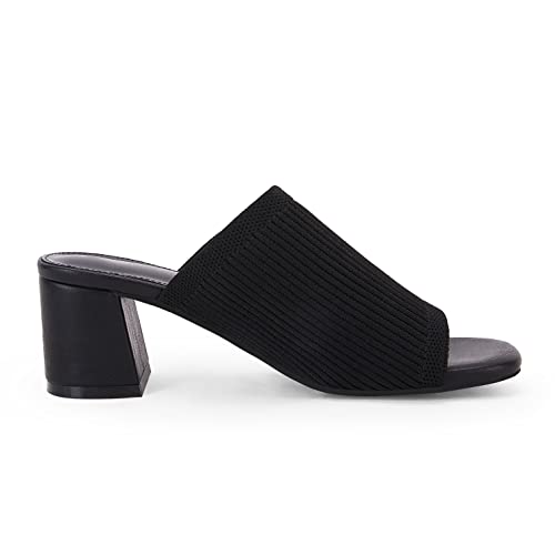 Women's Open Toe Heeled Mules Block Heels Sandals Knit Chunky Square Heels Slip On Breathable Slides Sandal