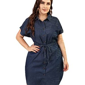 Women's Summer Denim Cotton Shirt Dress Short Sleeves Knee Length Button Down Casual Dress with Pockets