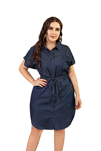 Women's Summer Denim Cotton Shirt Dress Short Sleeves Knee Length Button Down Casual Dress with Pockets