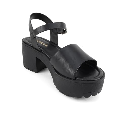 “Stacie” ~ Women Open Toe Lug Sole Mid Block Heeled Sandals with Adjustable Ankle Strap