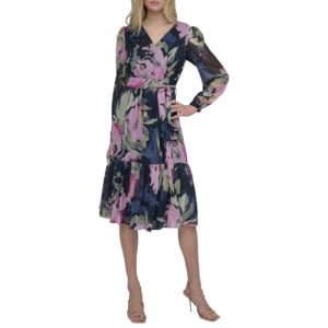 Women's Long Sleeve V-Neck Tie Waist Midi Dress