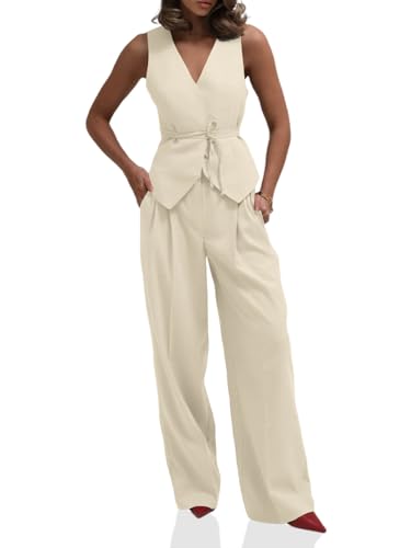 Women's 2 Piece Outfits Sleeveless Tie Waist Suit Vest and Wide Leg Pants Business Casual Blazer Sets