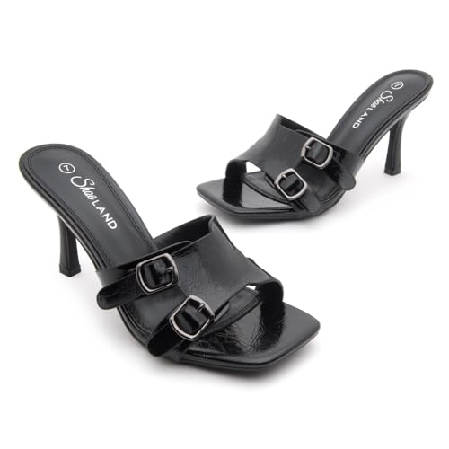 Melrose Women's High Heels Stiletto Heeled Slides, Square Open Toe One Band Slip-On Heeled Mules – Dressy Clear Heeled Sandals