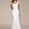 Women's Elegant Lace Cap Sleeve V Neck Beading Mermaid Wedding Dresses for Bride 00218