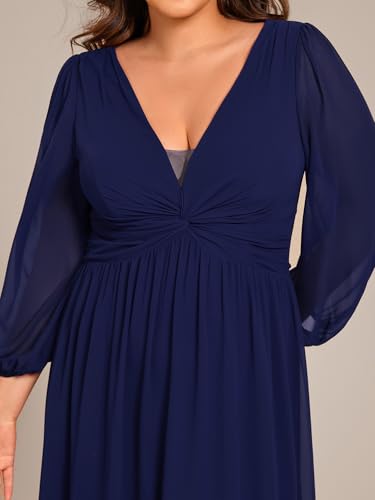 Women's V Neck Long Sleeves A Line Pleated Chiffon Plus Size Maxi Formal Evening Dresses 02235-DA