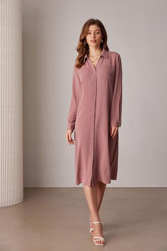 Women's Long Sleeve Button Down Shirt Dress Casual Loose Tie Waist Adjustable Sleeve Length Midi Dresses