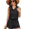 100% Linen Sets for Women 2 Piece Lounge Outfits Collared Sleeveless Button Down Shirt High Waisted Shorts Summer Set