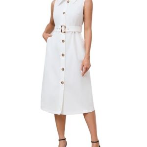 Women's Button Down Shirt Dress Sleeveless Collared A-line Maxi Dress with Belt
