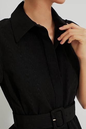 Women Casual Button Down Shirt Dress Short Wing Sleeve Buiness Midi Shirt Dress with Belt Elegant Dress