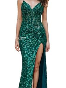 Spaghetti Strap Sequin Prom Dresses with Slit 2025 Sparkly Lace Appliques Mermaid Formal Evening Gown for Women