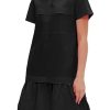 Women's Cotton Drop Waist Ruffle Hem Shirt Dress Short Sleeve Button Down Tunic Dress with Pockets