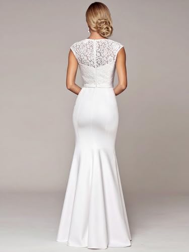Women's Elegant Lace Cap Sleeve V Neck Beading Mermaid Wedding Dresses for Bride 00218