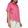 Women's Poplin Hi Lo Short Sleeve Button Down Blouse
