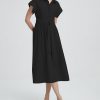 Women's Belted Shirt Midi Dress Casual Short Wing Sleeve Button Down Lapel V Neck Dress