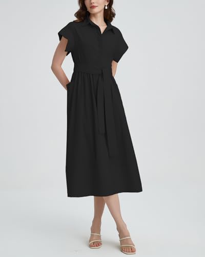 Women's Belted Shirt Midi Dress Casual Short Wing Sleeve Button Down Lapel V Neck Dress