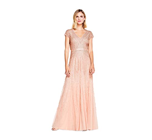 Women's Long Beaded V-Neck Dress with Cap Sleeves and Waistband