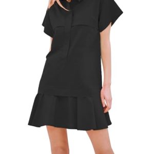 Women's Cotton Drop Waist Ruffle Hem Shirt Dress Short Sleeve Button Down Tunic Dress with Pockets