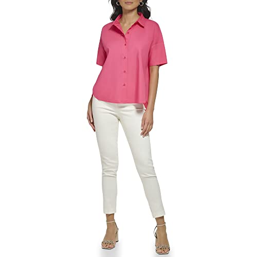 Women's Poplin Hi Lo Short Sleeve Button Down Blouse