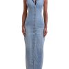 Women's Casual Button Down Maxi Denim Dresses Sexy Bodycon Sleeveless V Neck A-Line Long Jean Skirt Dress
