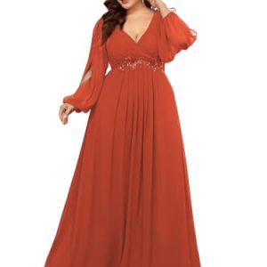 Women's Elegant Floor Length V Neck Lantern Sleeves Floral Applique Plus Size Formal Evening Dresses