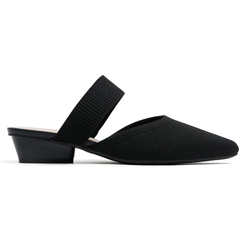 Pointed Toe Mules for Women Chunky Low Heeled Sandals Breathable Backless Mesh Knit Slip on Loafers