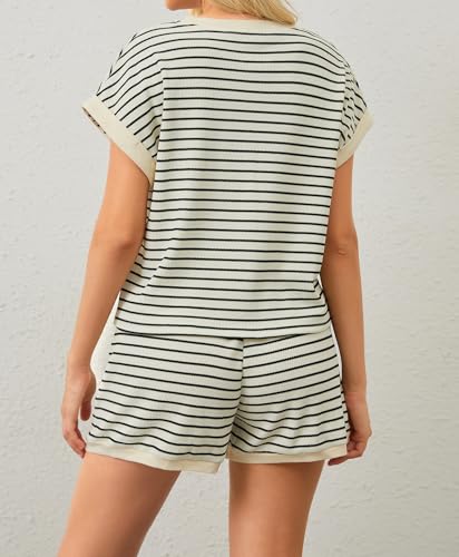 Women Summer 2 Piece Lounge Sets Striped Short Sleeve Tee Shirts Mini Shorts Loungewear Shorts Set Ribbed Pajama Set