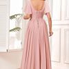 Women's Chiffon Flutter Sleeve Bridesmaid Dress Long with Slit V-Neck Pleated Formal Evening Party Gowns