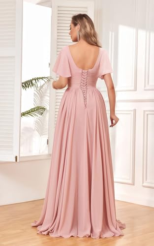 Women's Chiffon Flutter Sleeve Bridesmaid Dress Long with Slit V-Neck Pleated Formal Evening Party Gowns