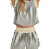 2 Piece Lounge Set Women Stripe Knit Short Sleeve Tee Shirts Shorts Casual Summer Loungewear Shorts Sets