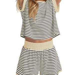 2 Piece Lounge Set Women Stripe Knit Short Sleeve Tee Shirts Shorts Casual Summer Loungewear Shorts Sets