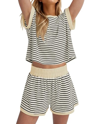 2 Piece Lounge Set Women Stripe Knit Short Sleeve Tee Shirts Shorts Casual Summer Loungewear Shorts Sets