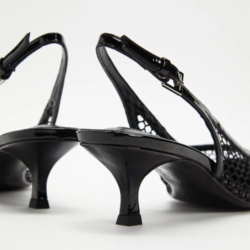 Slingback Pumps for Women Mesh Kitten Heels Pointed Toe Heeled Sandals Buckle Ankle Strap Low Heeled Pumps