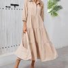 Women Flowy Maxi Shirt Dress Casual Button Down V Neck Ruffled Beach Long Dresses with Pockets