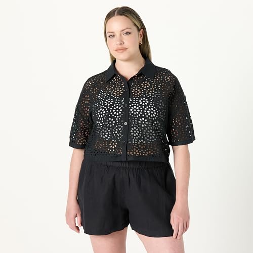 Women's LUE Lace Button Down Cropped Shirt