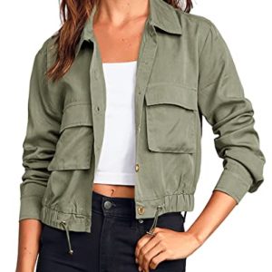 Women's Military Safari Cropped Jackets Button Down Lightweight Oversized Utility Anorak Coat with Pockets