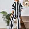 Women's Summer Knit Color Block Two Piece Outfits Button Down Short Sleeved Hollow Out Shirts Long Pants beach Set