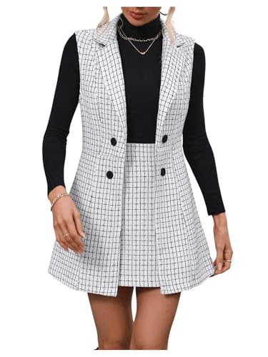 Women's 2 Piece Outfit Workwear Plaid Print Lapel Neck Vest Blazer and Skirt Set