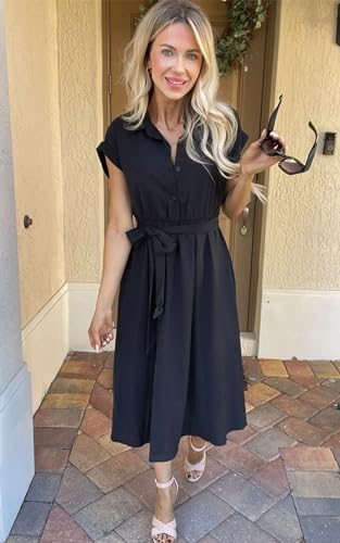 Womens Casual Midi Dresses Solid V Neck Short Sleeve Button Shirt Belted Dress with Pockets for Spring Summer 2025