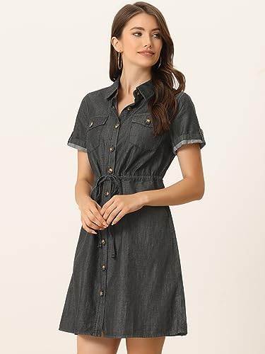 Women's Jean Dress Short Sleeve Tie Waist Casual Button Down Shirt Denim Dresses