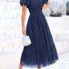 Women's Smocked Tulle Midi Dress 2025 Summer Square Neck Puffy Short Sleeve Ruffle Wedding Guest Party Dresses