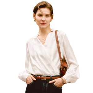 Silk Blouses for Women Long Sleeve Elegant Button Down Shirts Ruched V-Neck Fashion Blouse Ladies Summer Classic Flowy Tops