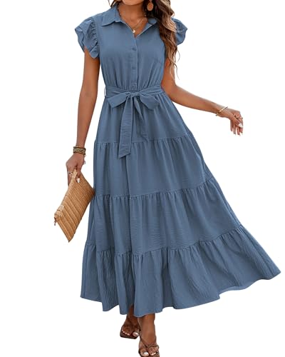 Women's Summer Casual Dresses 2025 Cap Ruffle Sleeve V Neck Button Belted Tiered Boho Maxi Dress with Pockets