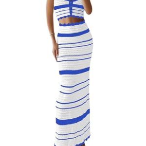Womens 2 Piece Sets Summer Striped Crochet Knit Coverup Sleeveless Button Crop Tank Top Bodycon Maxi Skirt