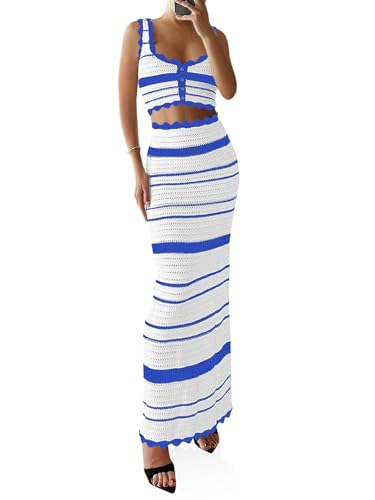 Womens 2 Piece Sets Summer Striped Crochet Knit Coverup Sleeveless Button Crop Tank Top Bodycon Maxi Skirt
