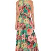 Sleeveless Maxi Floral Women-Halter Neck Pleated Summer Long Dress for Special Occasions